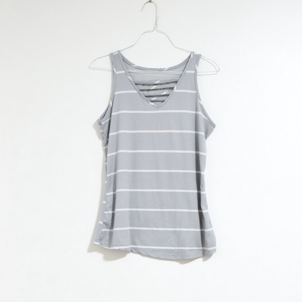 POOF Grey Strappy Striped V-neck Tank Top | Size M